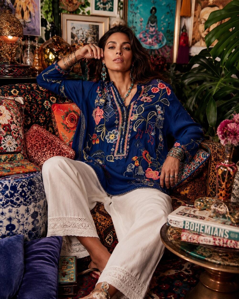 Johnny Was Blue Bird Silk Embroidered Tunic Blouse XXL NWT Floral Boho Peasant